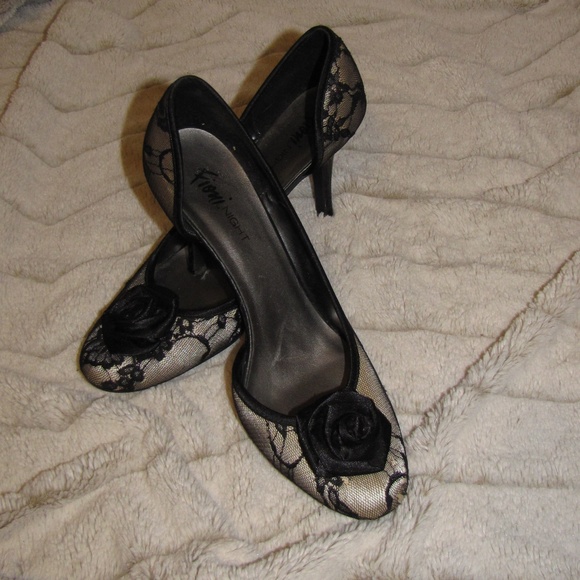 FIONI Clothing Shoes - Women's Black Heels Lace Overlay and Rose Toe 10